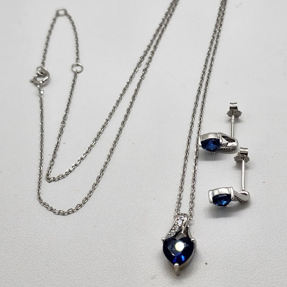 Brand New Sterling Silver 925 Blue Heart Gemstone 2pc Set - Picture 4 of 6